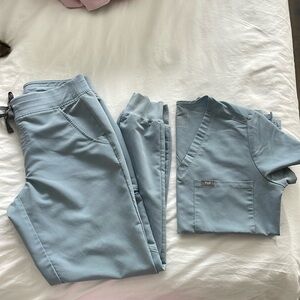 Women's FIGS Dusty Blue Catarina scrub top • Zamora scrub bottom • Size S SET